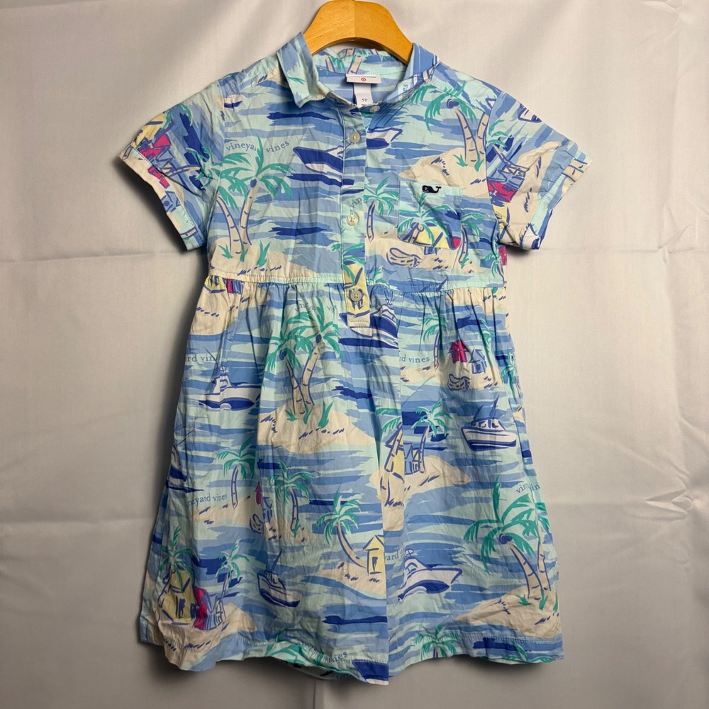 Vineyard Vines Target Girls Blue Tropical Island Palm Tree Cotton Dress 5T